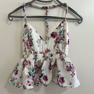 Floral Peplum Halter Top Small Braided Straps Coquette Cottage‎ Romantic Boho